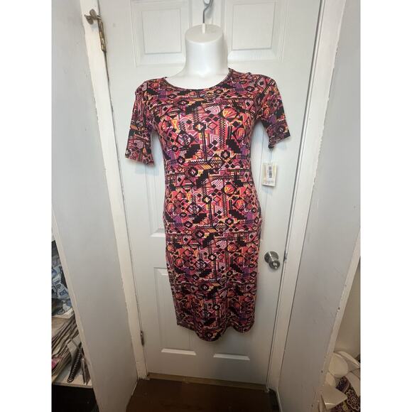 LuLaRoe Julia Dress Size Small NWT Pink & Black Geometric Bodycon Fast Shipping - Picture 2 of 11